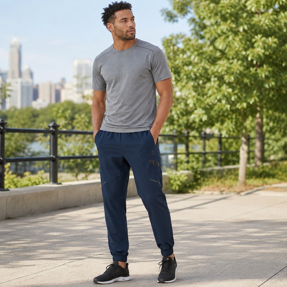 Reebok Mens Jogger Pants M Navy Slim Fit Stretch Zip Pocket REM243PA51